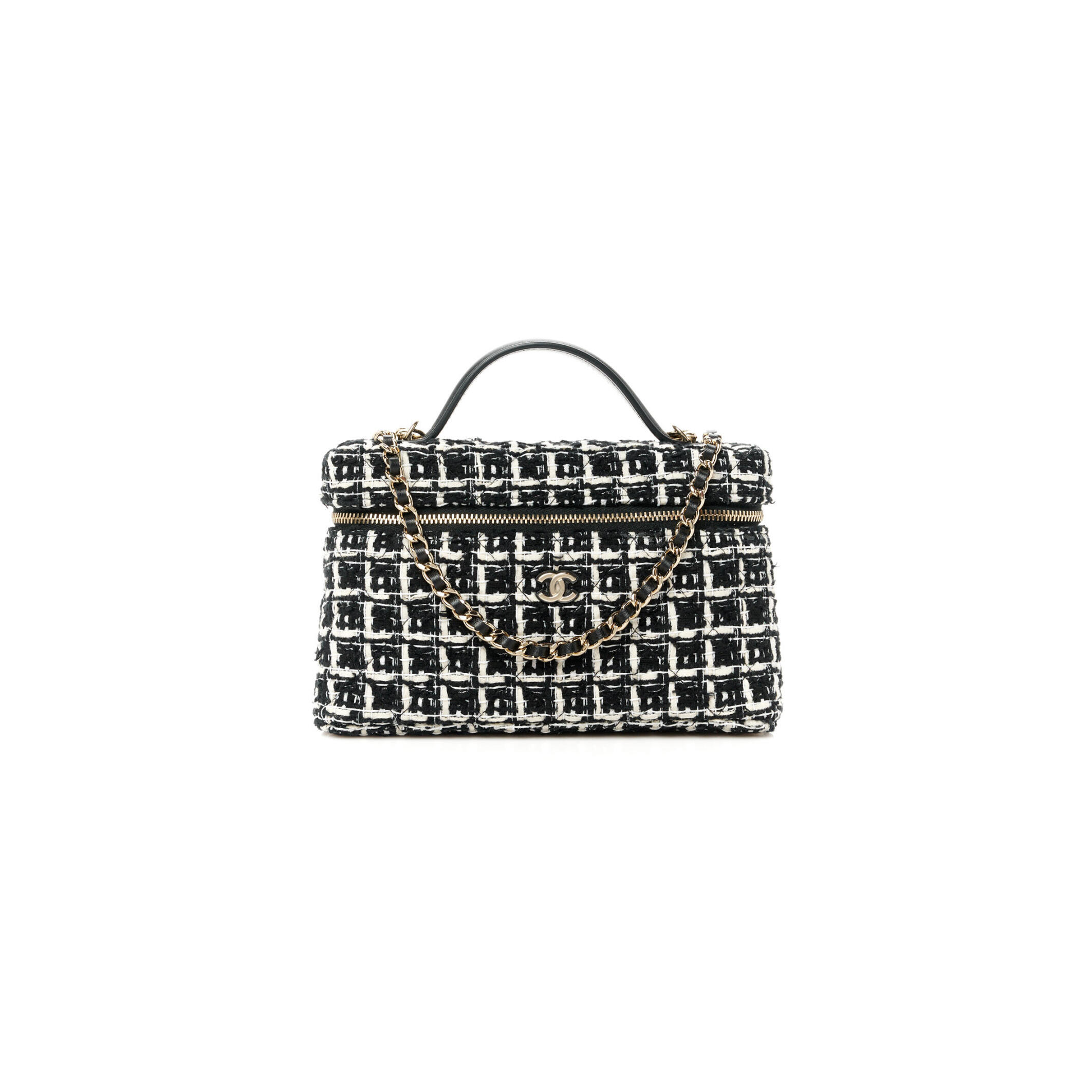 Ch**el tweed quilted top handle slim long vanity black ecru white ap4385 (19.5*17*5cm)